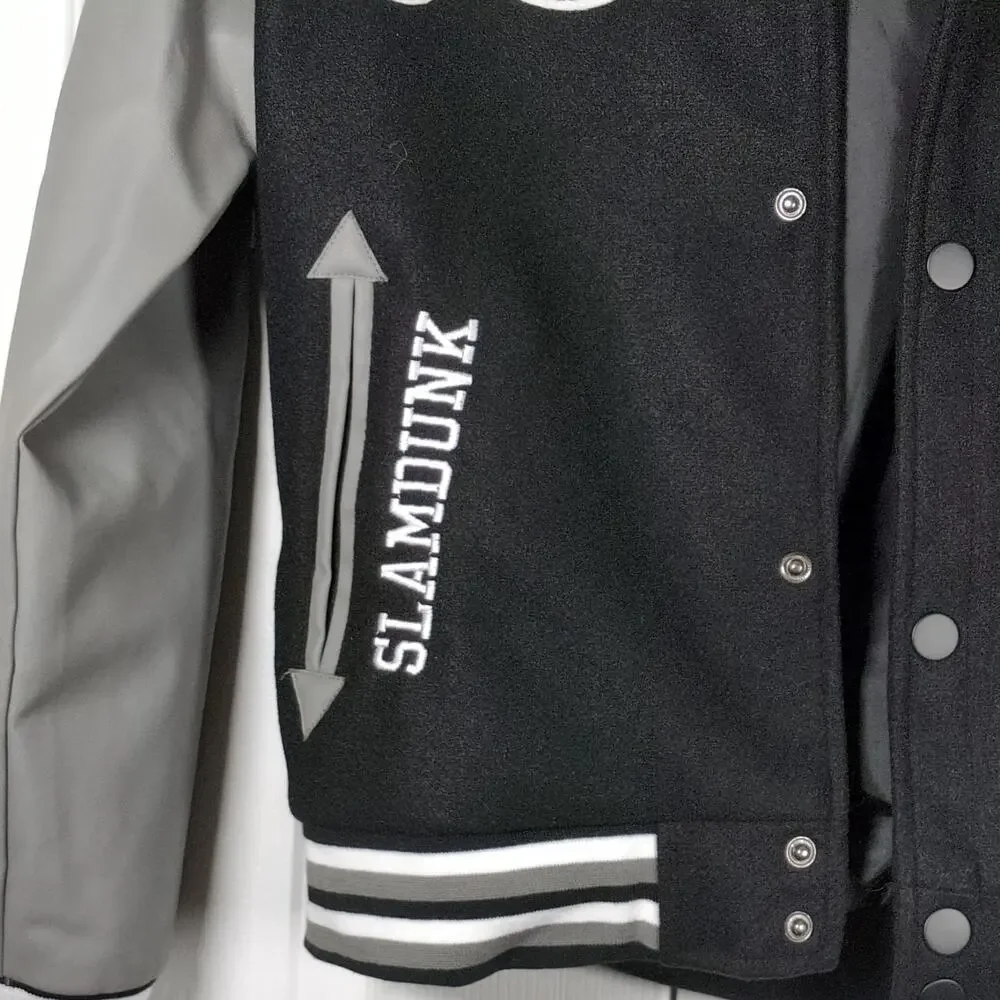 Ring of Fire Boys Varsity Jacket L Black Faux Leather Basketball Bomber NWT